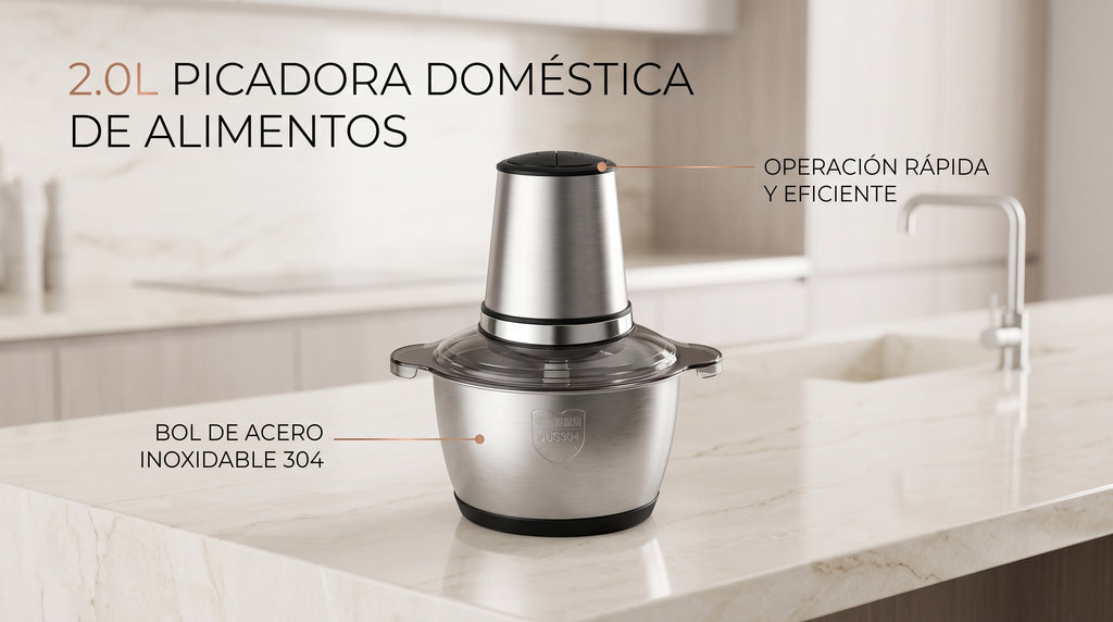 Picadora eléctrica Plena de acero inoxidable 304, 2L, en cocina minimalista
